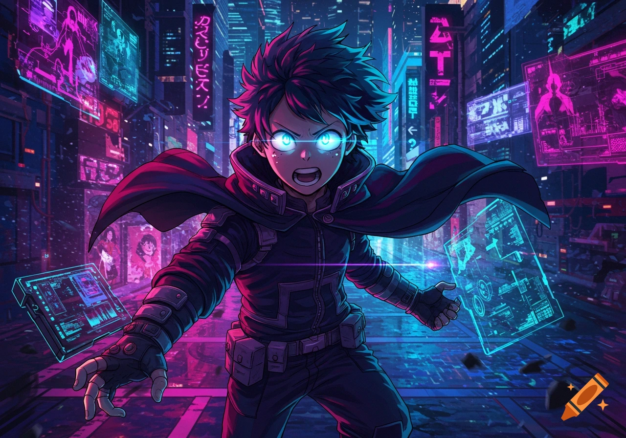 An anime character with glowing eyes and green hair, wearing a black trench coat, stands in a neon-lit cyberpunk city, surrounded by holographic displays.