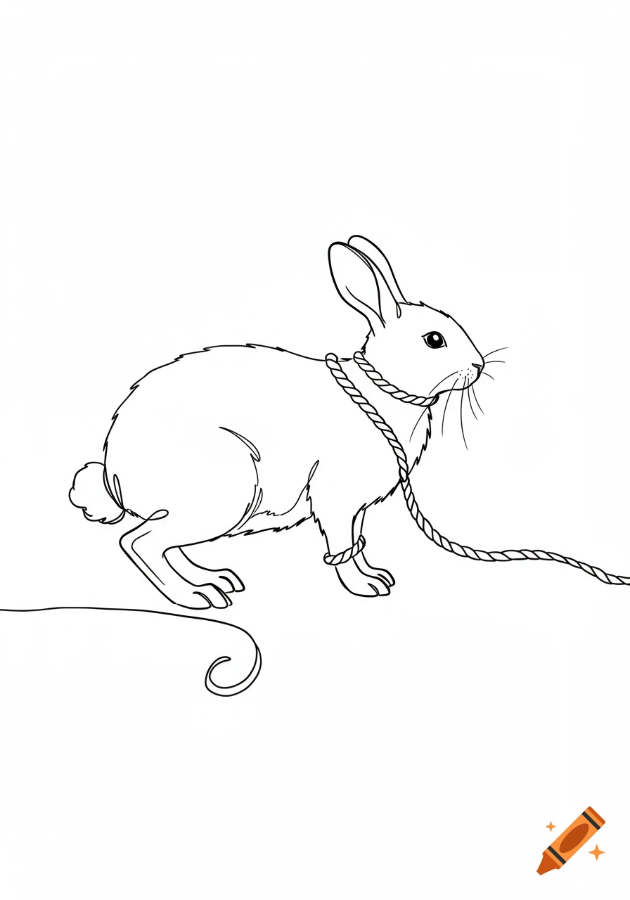 Line drawing of a rabbit with a rope tied around its body, facing right and preparing to hop.