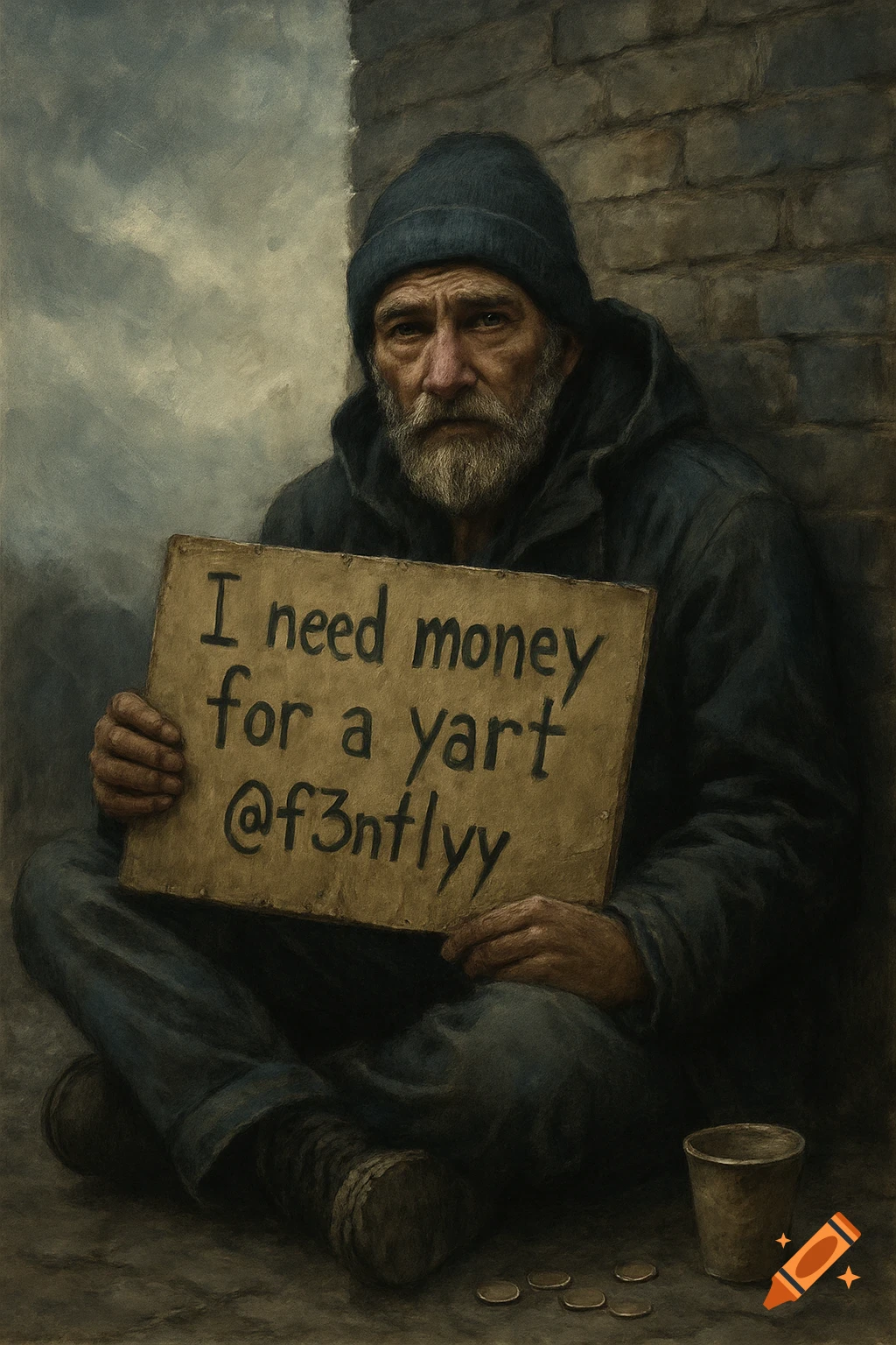 A grizzled, bearded man in a beanie sits against a brick wall, holding a sign asking for money, in a painterly style.