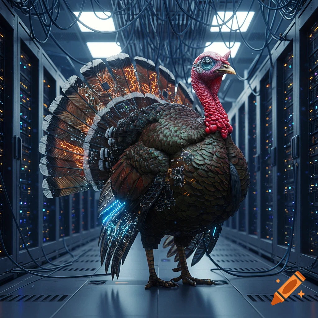 A futuristic cybernetic turkey with glowing circuits on its feathers stands in a data server room.