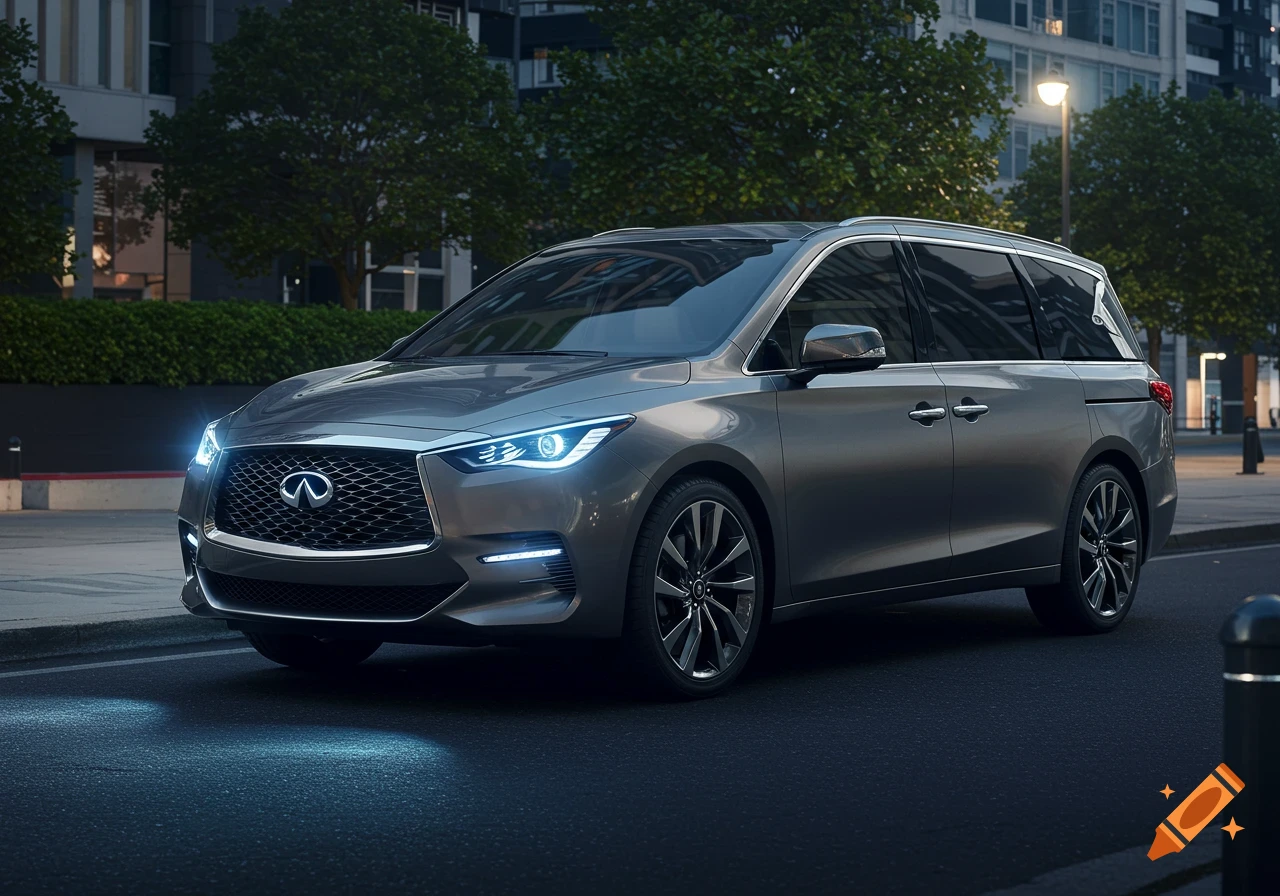 A grey Infiniti minivan with its headlights on, parked on an urban street at dusk.