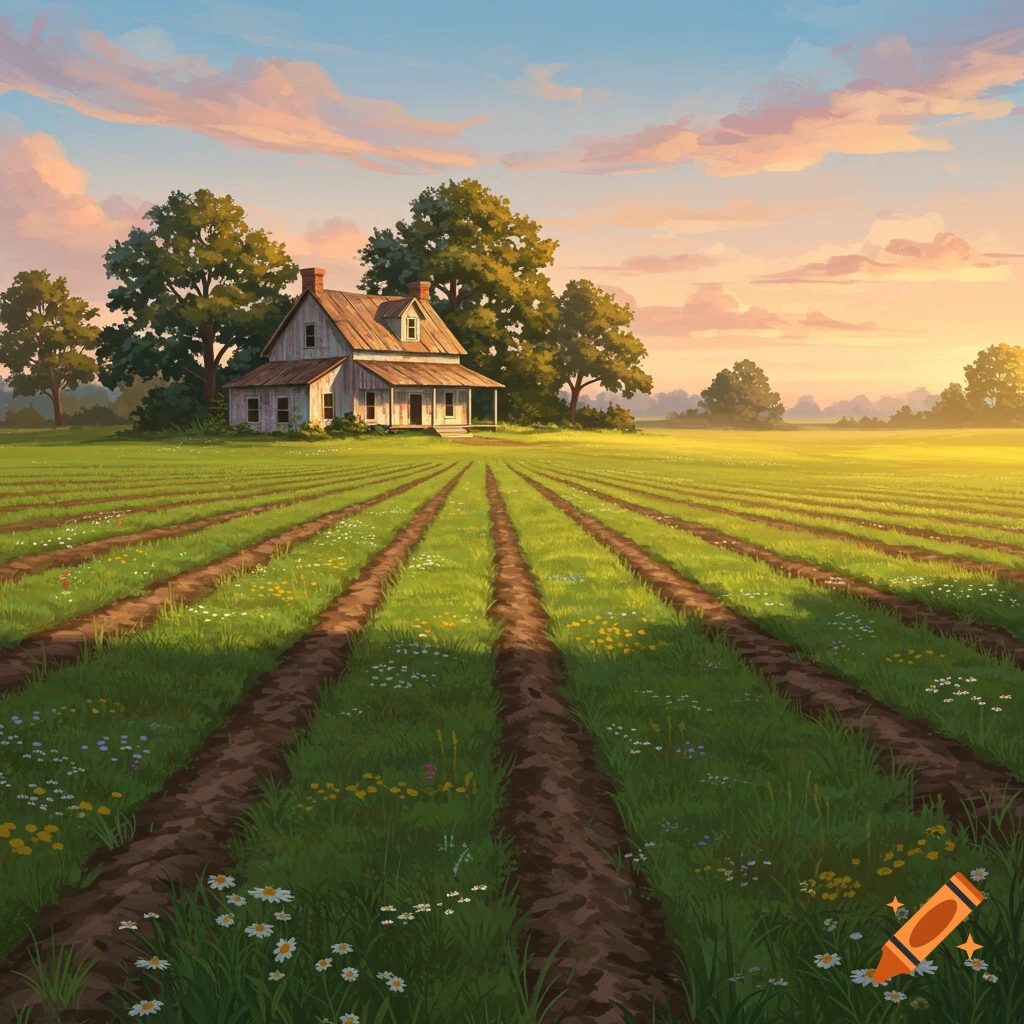 A charming farmhouse stands in tilled green fields under a vibrant sunset sky, with trees surrounding the house.