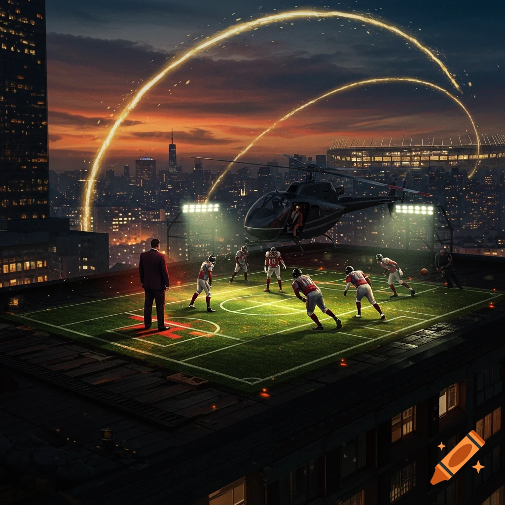 Football players on a rooftop field with a hovering helicopter, city skyline, and glowing arcs in the twilight.
