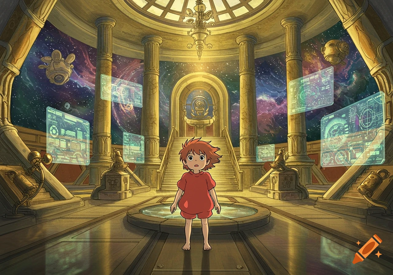 A young, red-haired boy in a red shirt stands barefoot in a golden, ornate futuristic hall with a cosmic background, surrounded by holographic screens. Anime style.