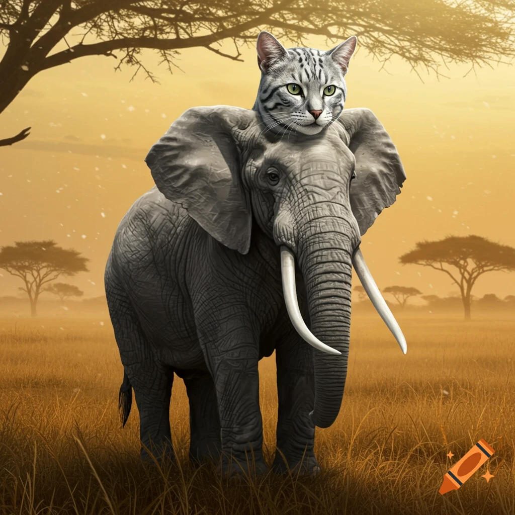 A photorealistic image of an elephant with the head of a striped cat standing in a grassy savanna at sunset.
