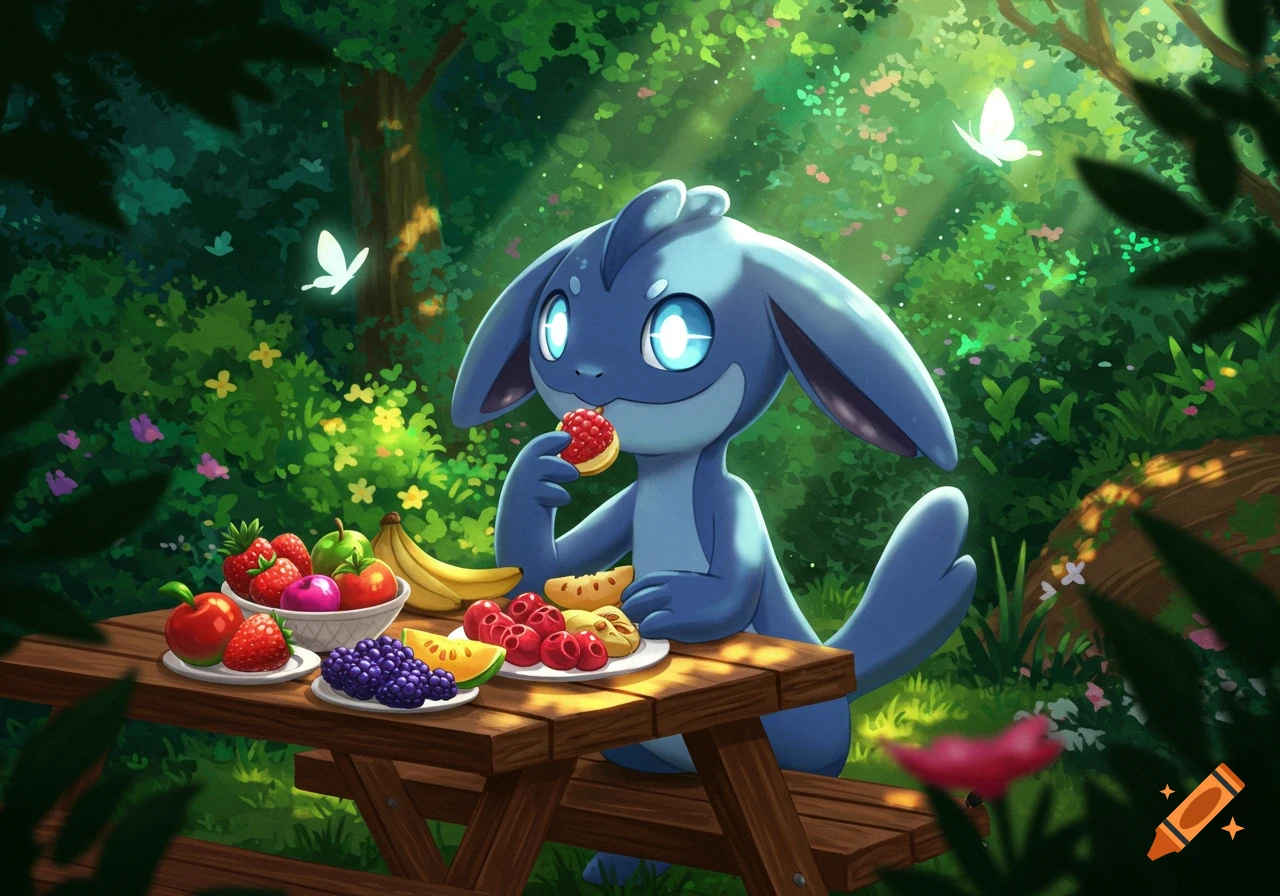 A cute blue, cartoon-like creature sits at a wooden picnic table in a sunny forest, eating a berry tart from a spread of fresh fruit.