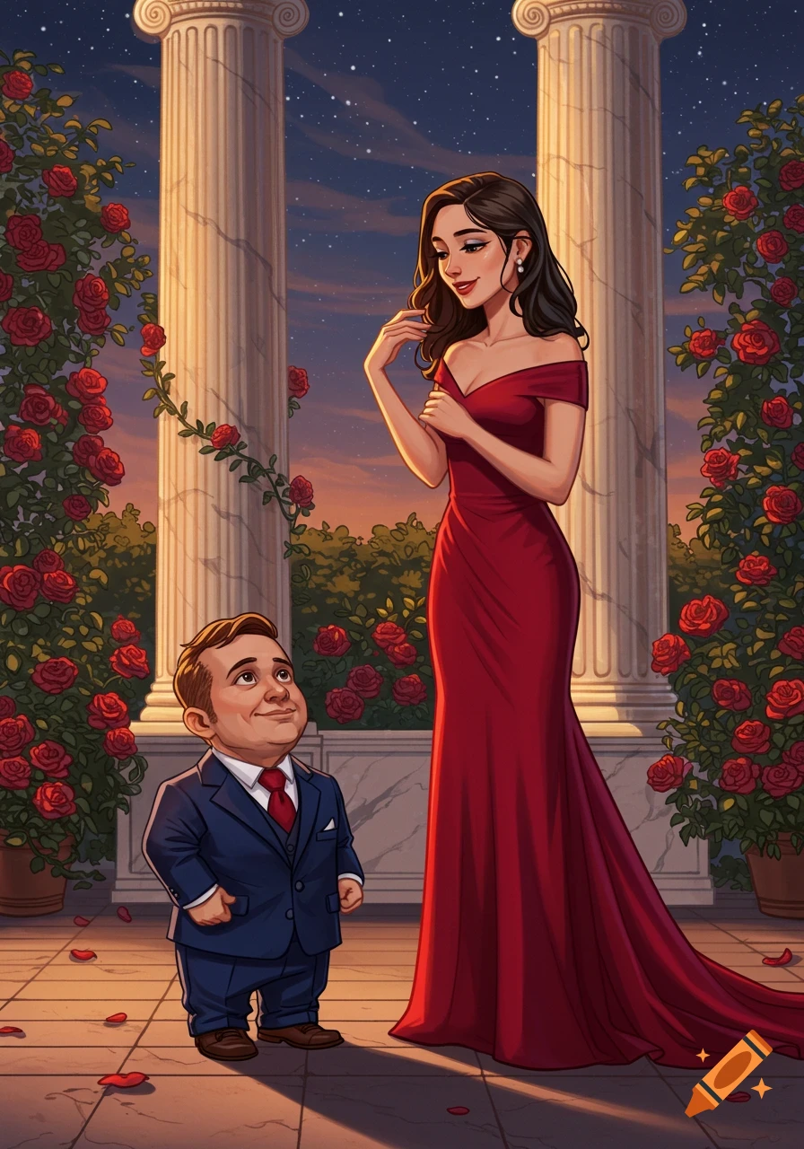 A tall woman in a red gown and a short man in a blue suit stand amidst rose bushes and classical pillars at sunset.