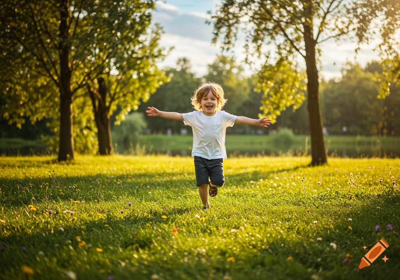 A happy little kid with curly hair runs through a sunny park, arms outstretched, with trees and a pond in the background.