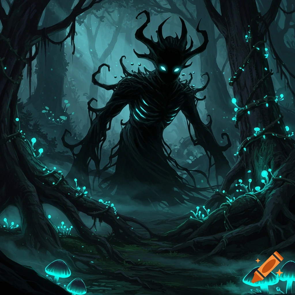 Dark, shadowy monster with glowing eyes and chest emerges from a mystical, bioluminescent forest with glowing mushrooms.