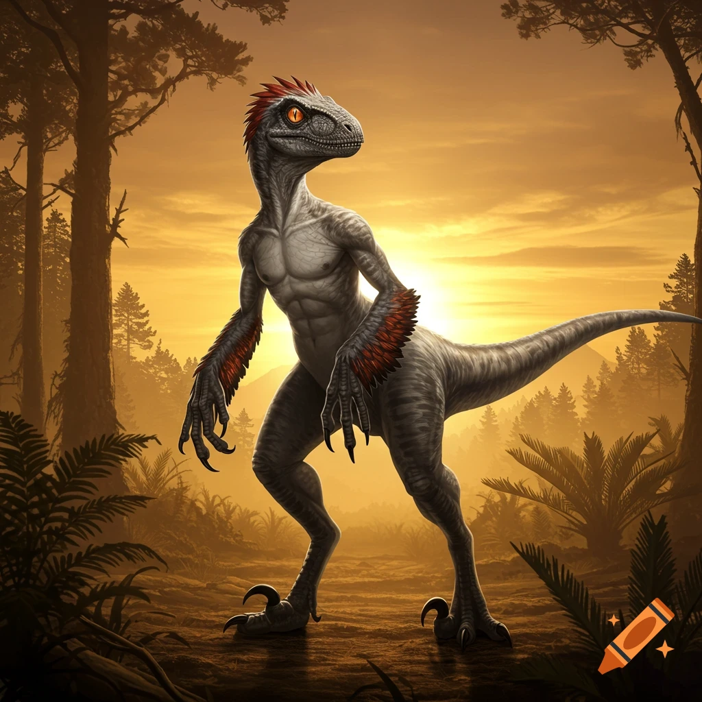 A muscular, humanoid Utahraptor with red feathered arms and bright orange eyes stands in a prehistoric forest at sunset.
