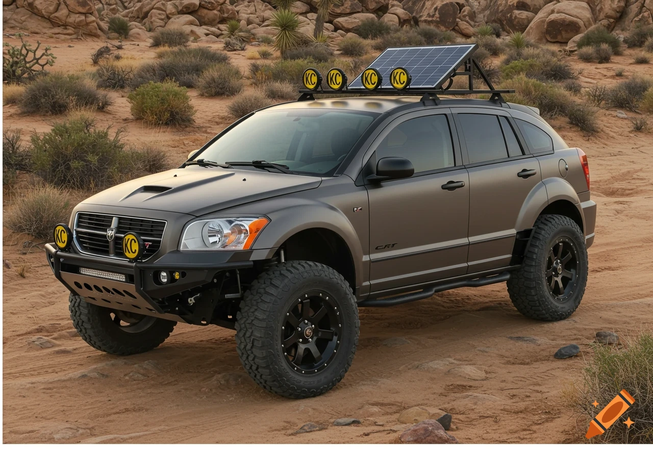 A customized matte gray Dodge Caliber R/T off-road vehicle with large tires, KC lights, and a solar panel, in a desert.