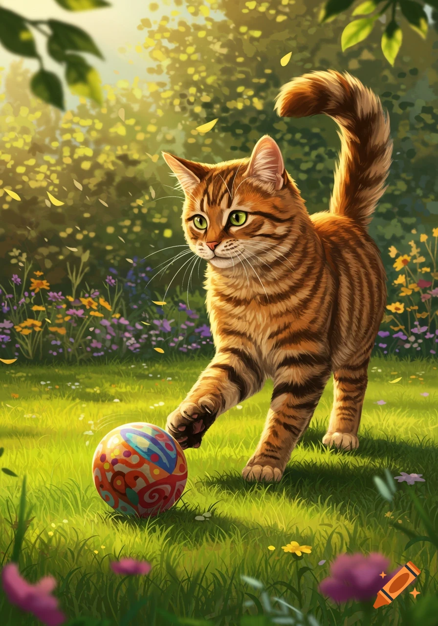 An orange tabby cat with green eyes playing with a colorful ball in a sunlit grassy field with flowers and trees.