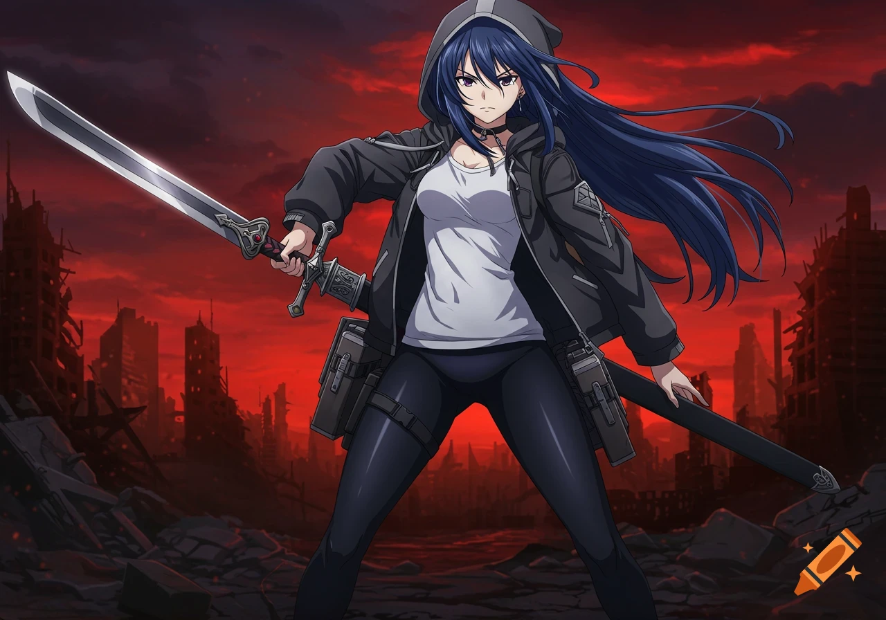 Anime warrior woman with dark blue hair in a hooded jacket and leggings, holding a longsword in a ruined city under a red sky.