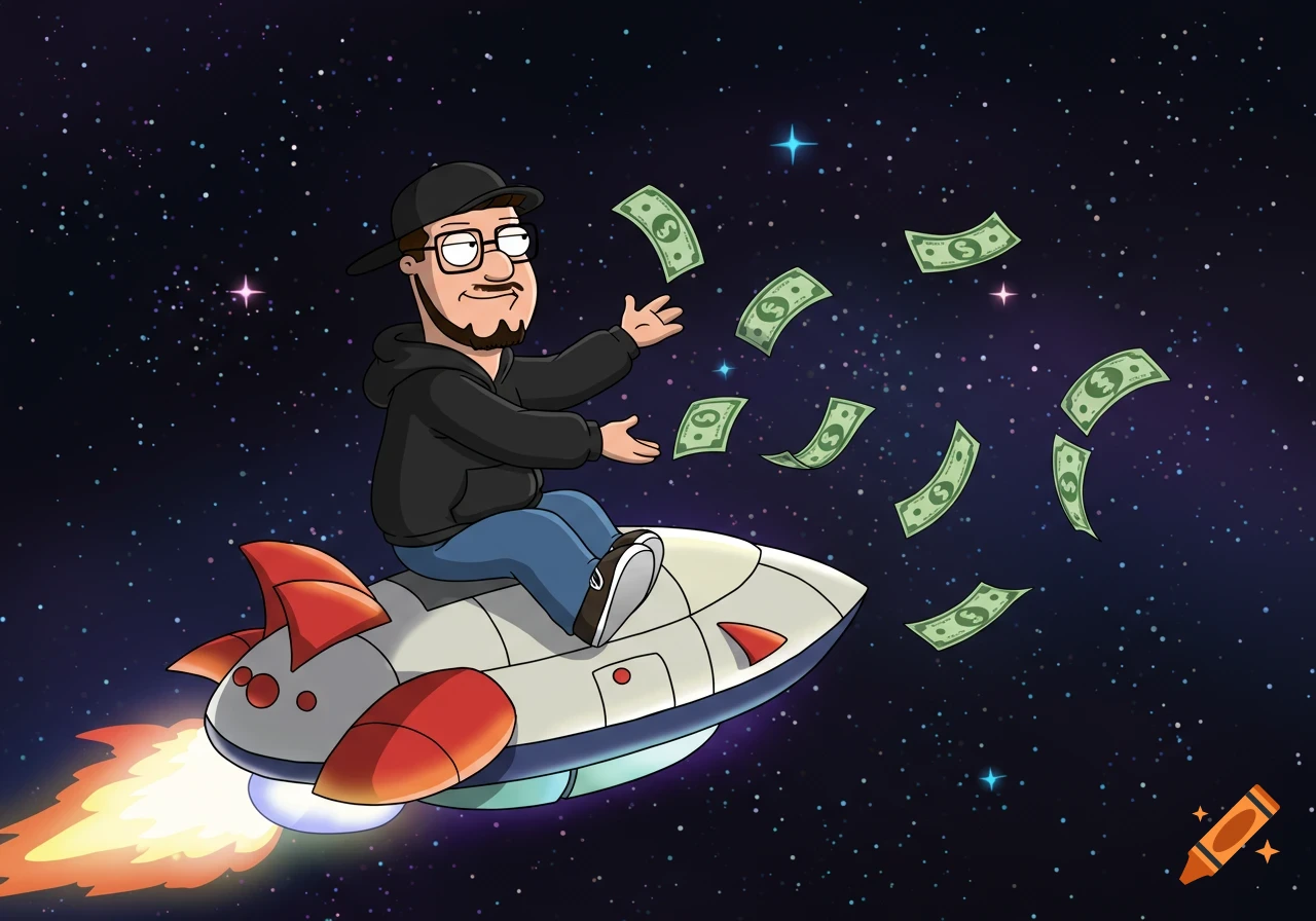 A cartoon man in Family Guy style rides a rocket through space, throwing money.