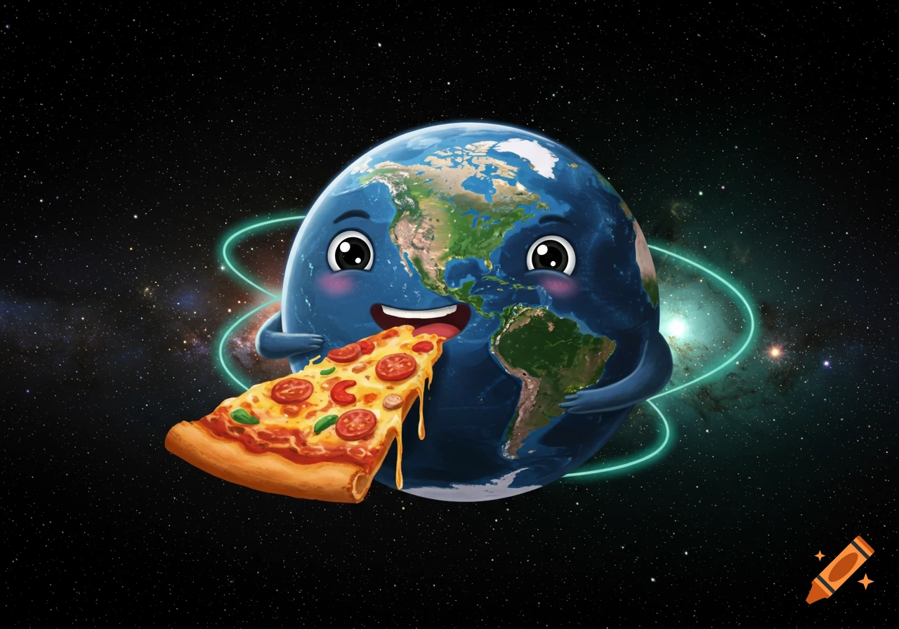 A cheerful cartoon Earth with arms and a face happily eats a large slice of pizza in outer space.