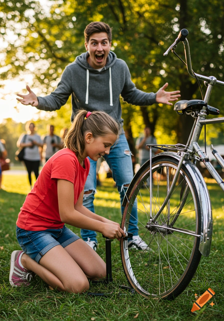 A young girl pumps a bicycle tire in a sunny park, as an adult man stands behind her with a surprised expression.