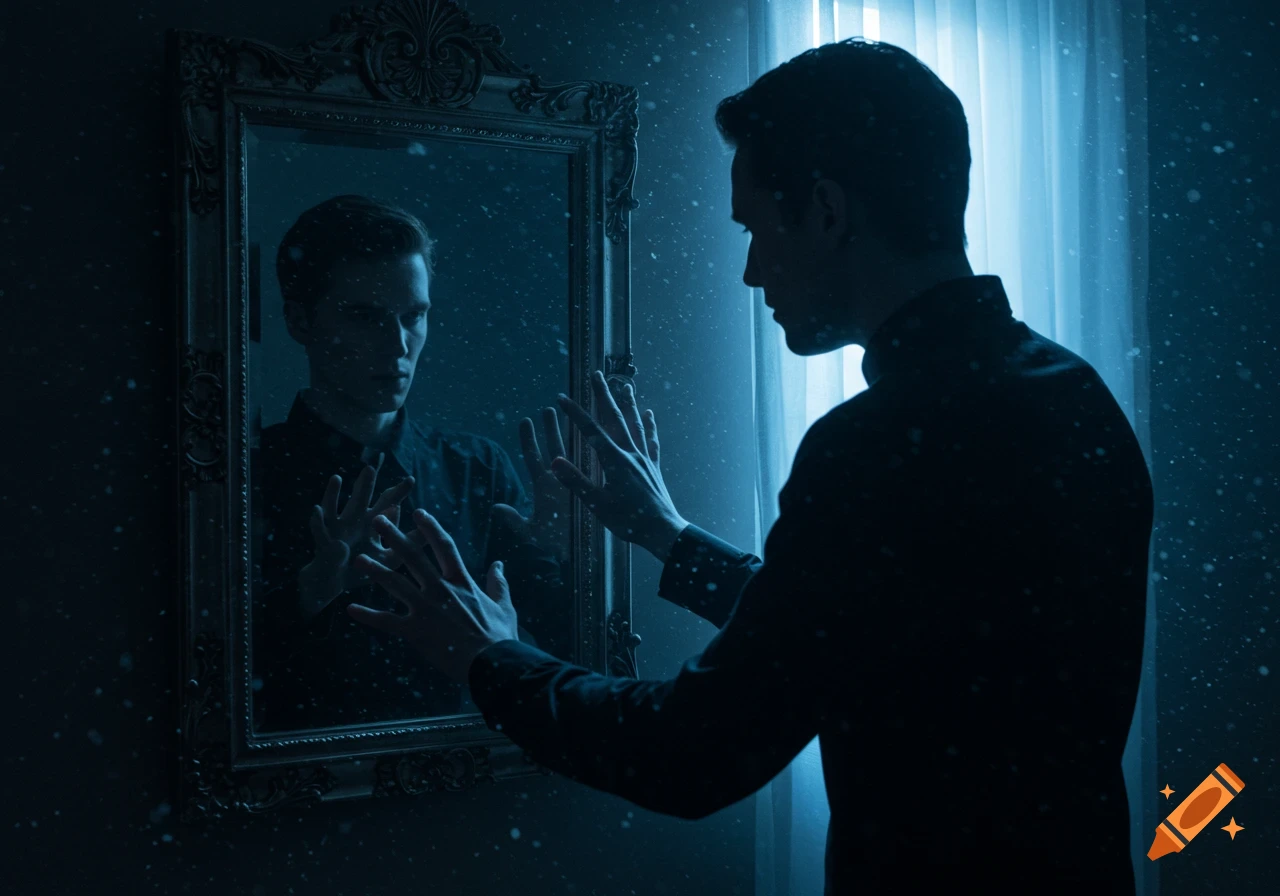 A man in silhouette reaches out to touch his reflection in an ornate mirror in a dark, dusty, moody room.