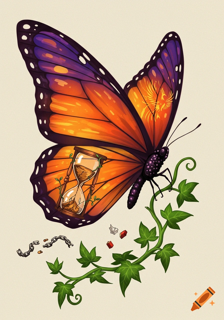 Illustrated monarch butterfly with orange and purple wings, one with a phoenix, and one with a broken hourglass, alongside broken chains and ivy.