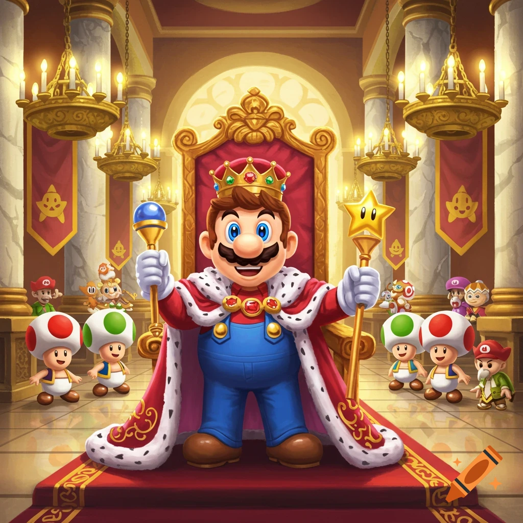 King Mario in a grand throne room, holding a scepter and a star wand, surrounded by Toads, in a colorful video game art style.