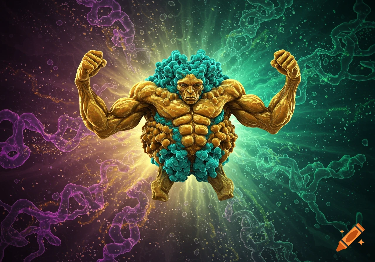 A powerful, gold and teal ribosome creature with flexing muscles stands in a vibrant microscopic landscape.