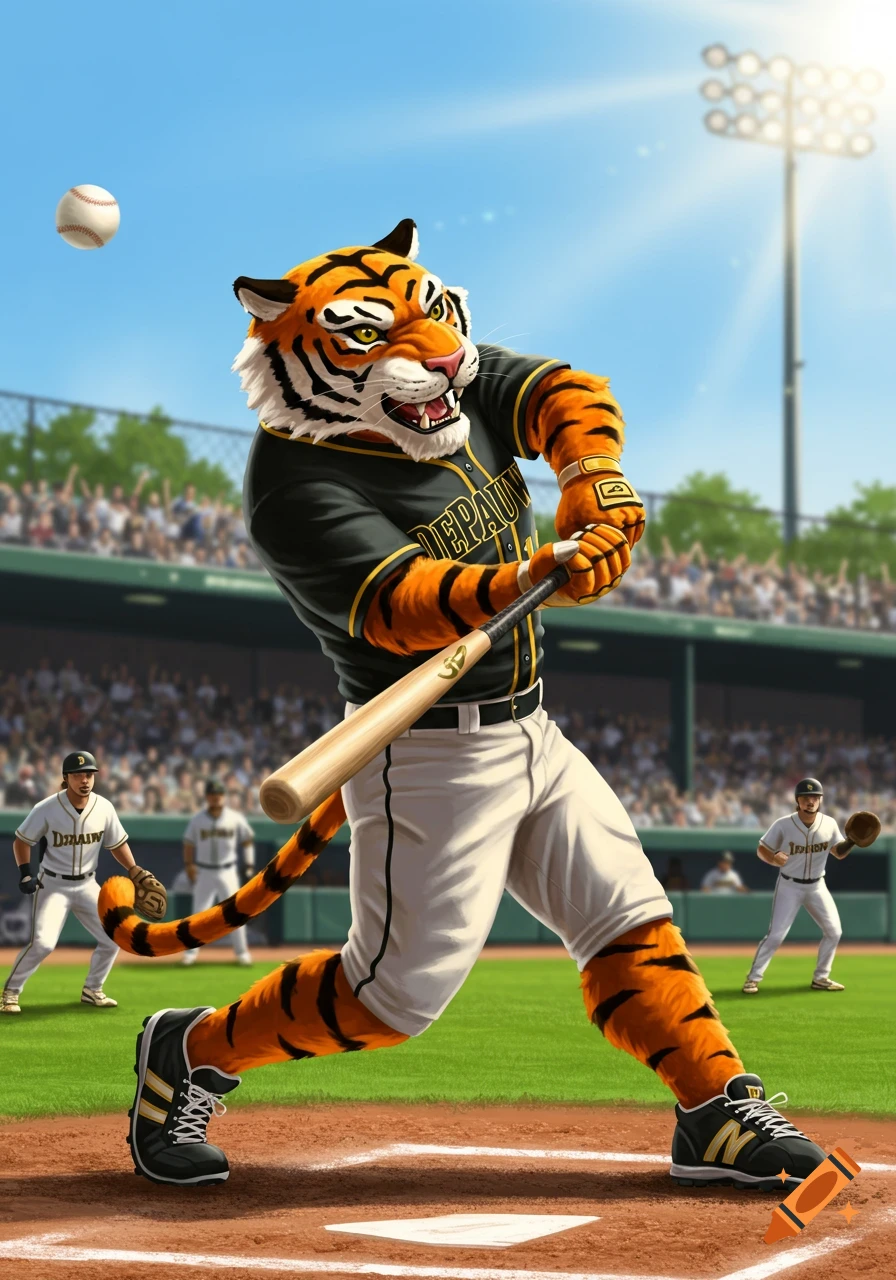 A muscular tiger mascot wearing a black and gold baseball uniform swings a bat at a baseball in a stadium.