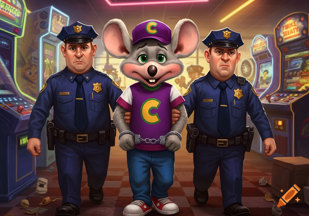 Chuck E. Cheese, handcuffed, is escorted by two serious police officers through a brightly lit arcade with gaming machines.