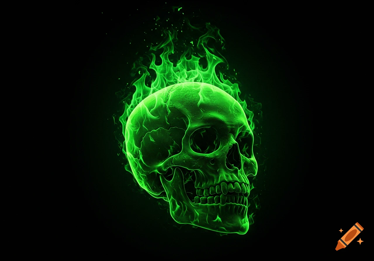 A stylized green flaming skull, glowing intensely against a dark, black background.