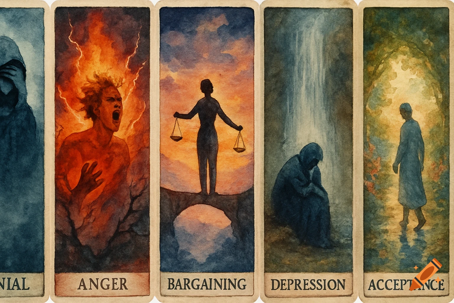 Five watercolor tarot-style cards depicting the stages of grief: Denial, Anger, Bargaining, Depression, and Acceptance.
