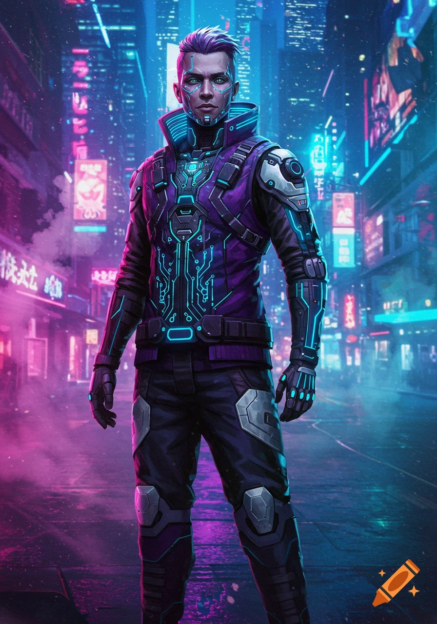 Cyberpunk character in a purple and black outfit with glowing blue accents stands in a neon city street.