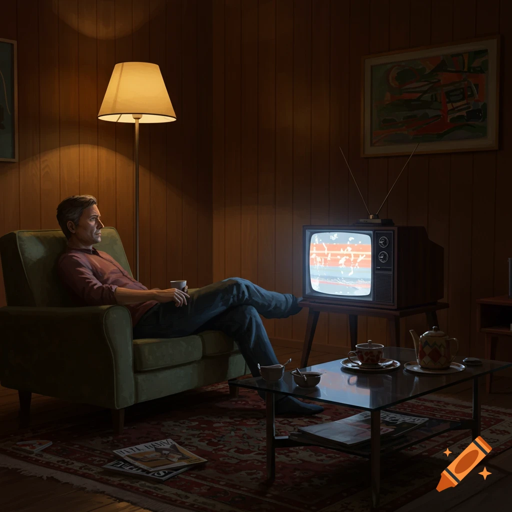 A man in a red shirt and jeans sits in a green armchair, watching a vintage television in a dimly lit, wood-paneled living room.