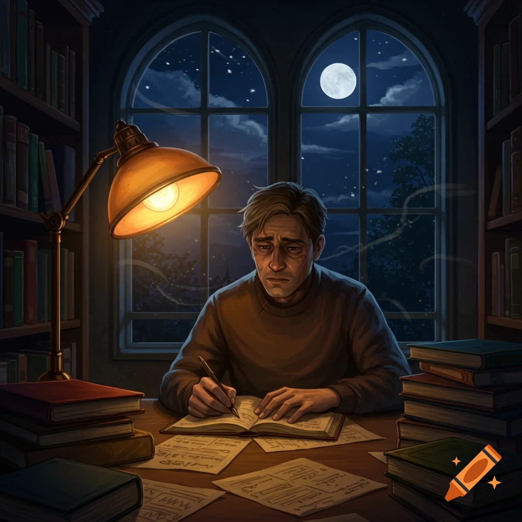 A tired student writes at a desk under a lamp, surrounded by books, with a full moon outside a window at night.