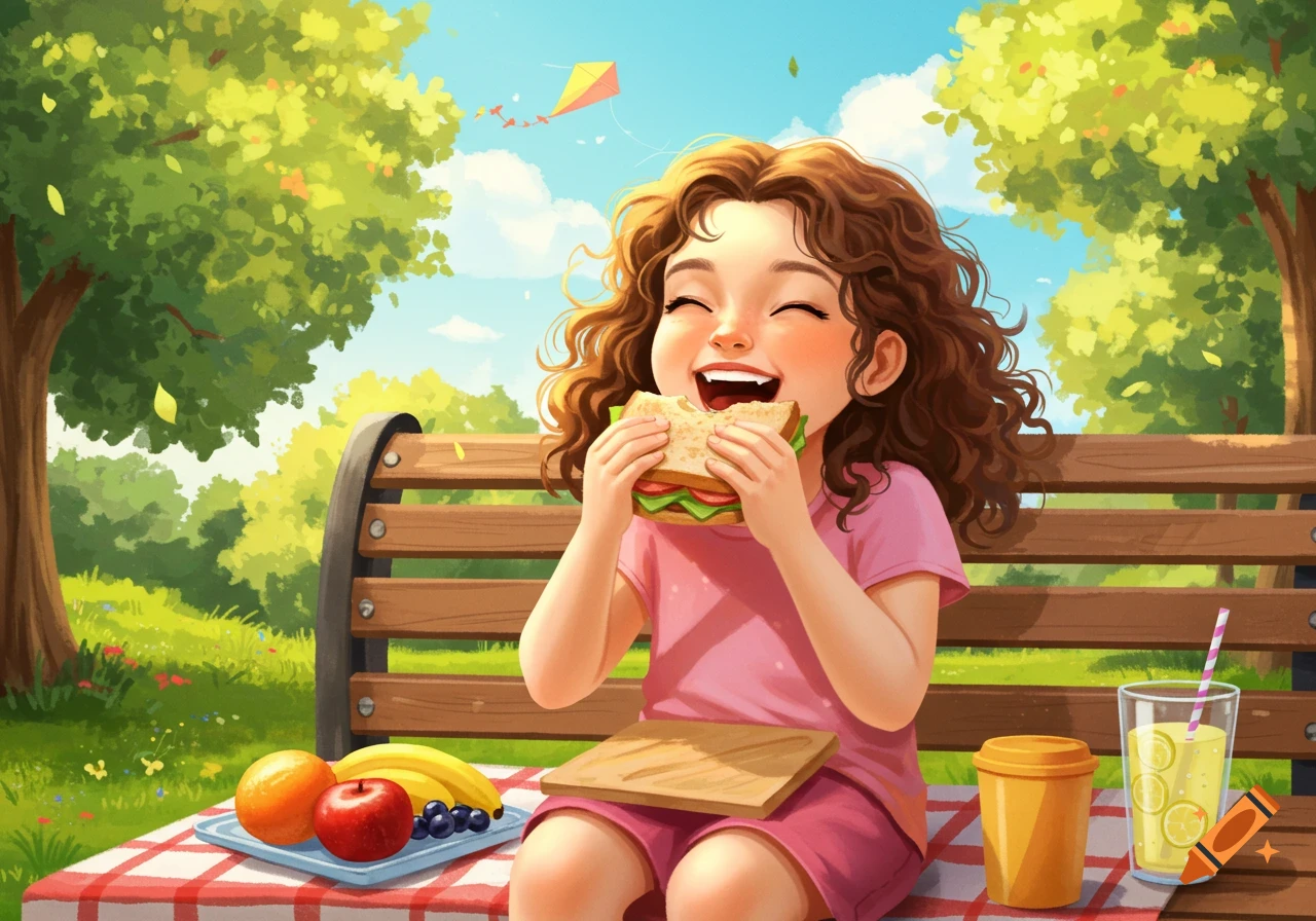 A smiling cartoon girl with curly hair eats a sandwich on a park bench, with fruit and lemonade beside her.
