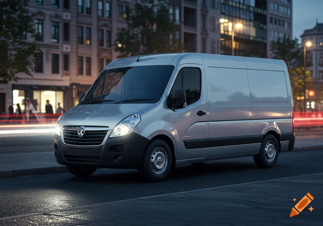 A silver Vauxhall Movano commercial van parked on a city street at dusk, with blurred urban background.