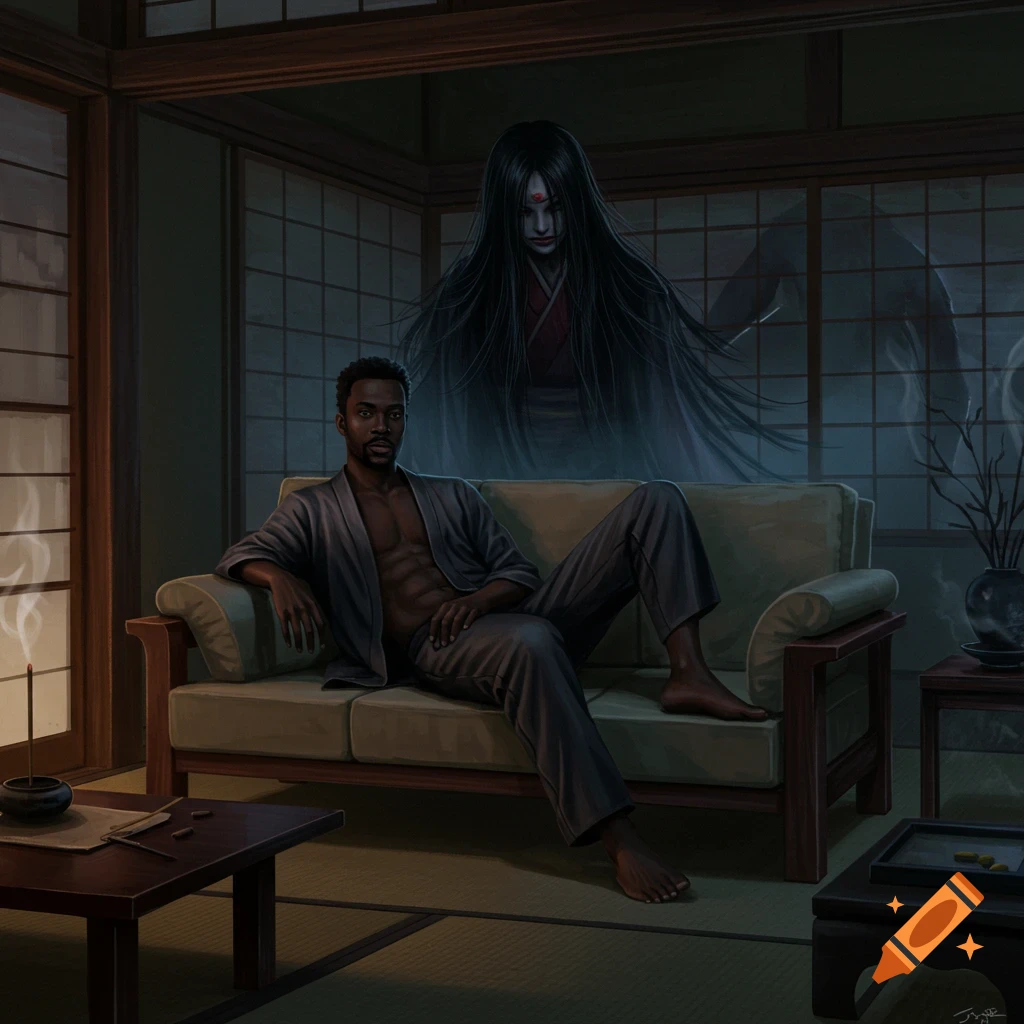 A Black man in a robe sits on a couch in a dimly lit traditional Japanese room, unaware of a pale ghost with long black hair behind him. Digital art.