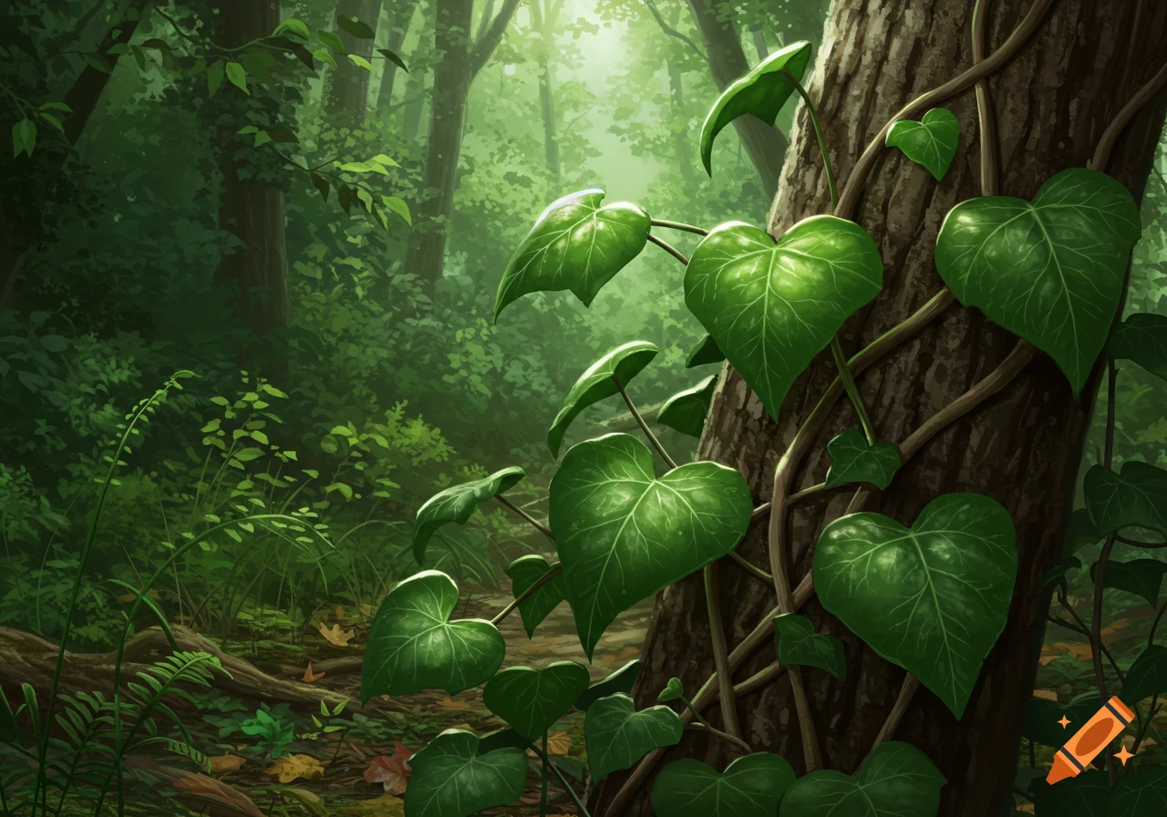 Digital painting of a tree trunk covered in lush green, heart-shaped ivy leaves within a sunlit forest.