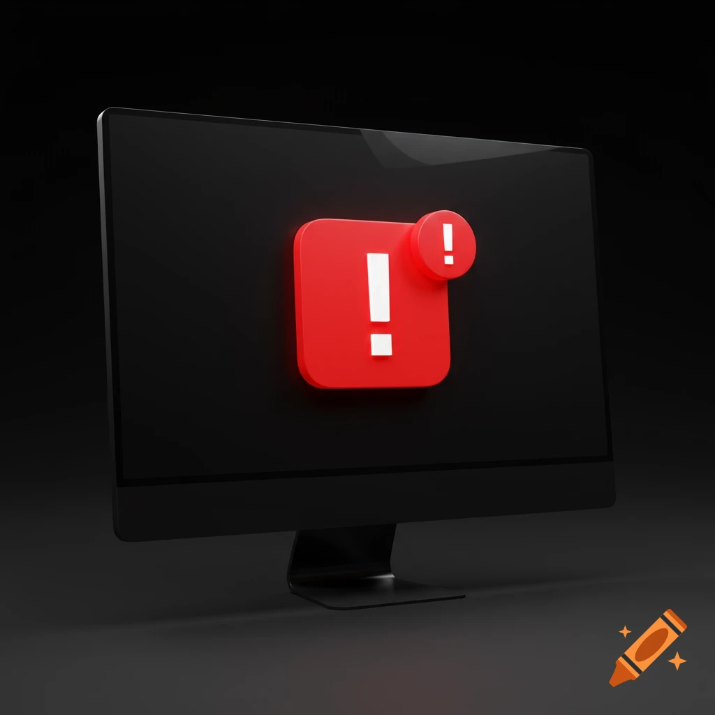 A 3D render of a black computer monitor displaying a red alert notification icon with an exclamation mark, on a dark background.