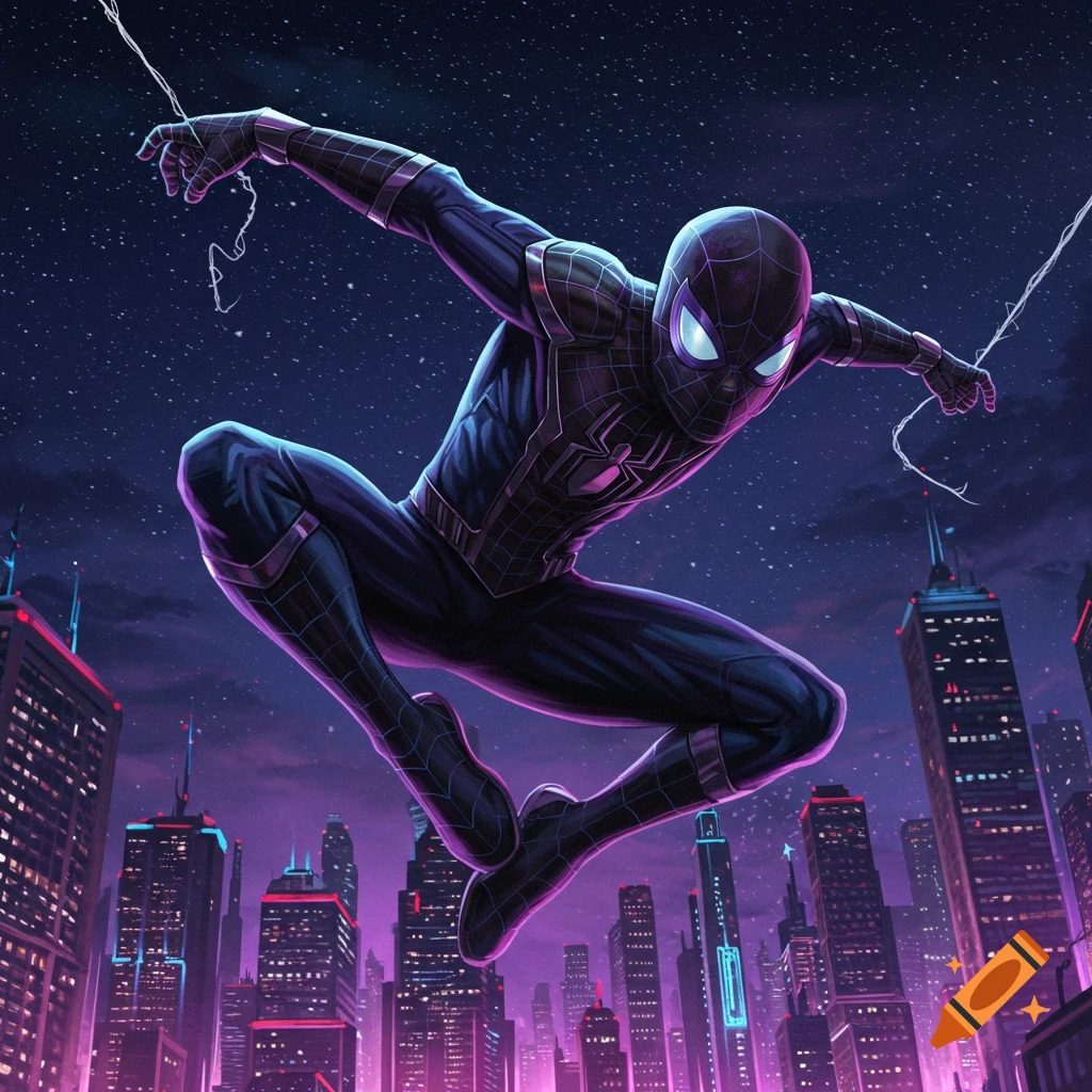 Spider-Man in a black and purple suit leaps over a neon-lit city at night, digital comic art style.