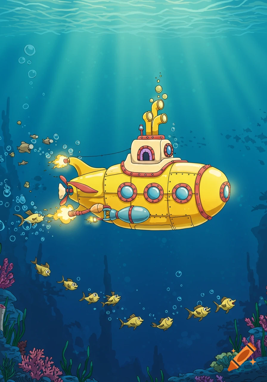 A vibrant yellow cartoon submarine launching torpedoes underwater, surrounded by fish and coral.
