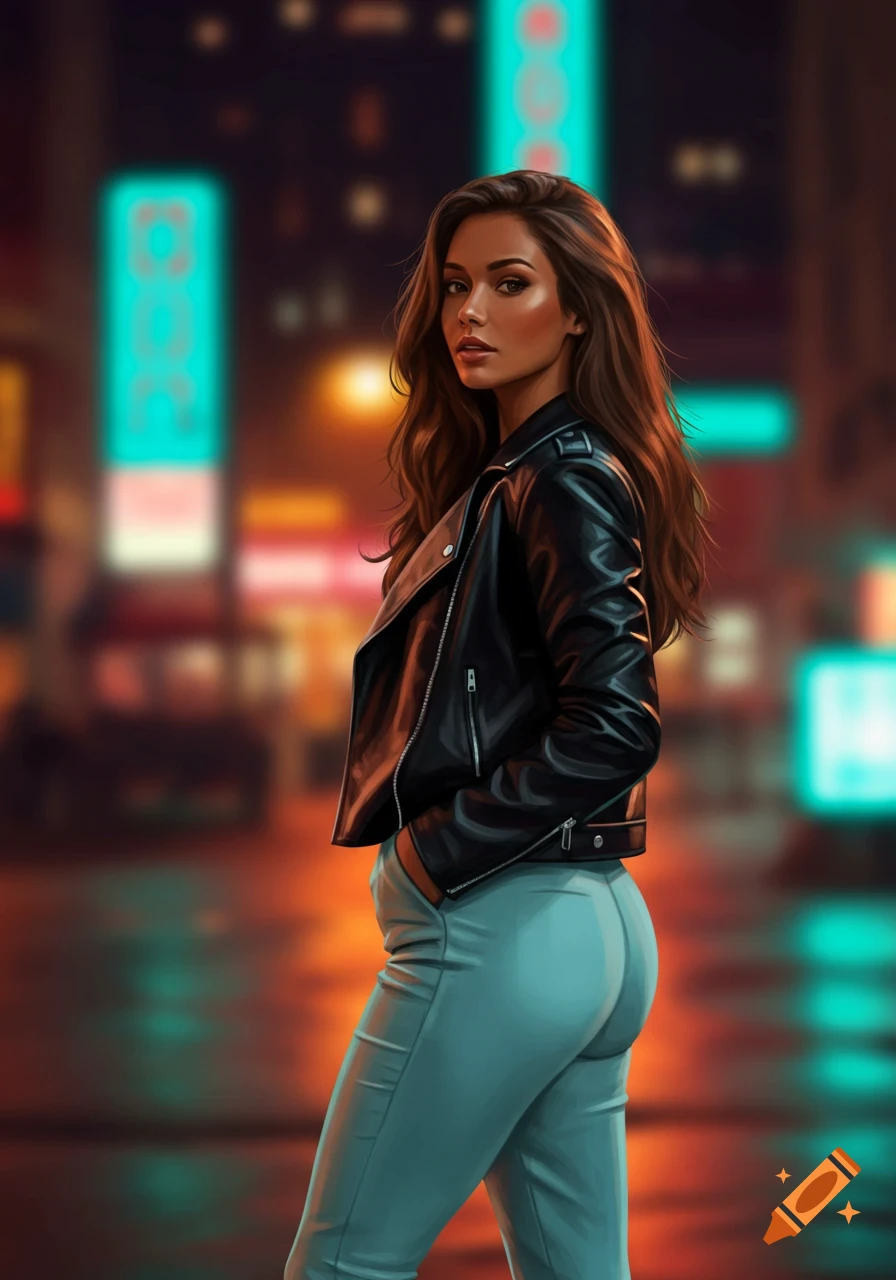 A woman with long brown hair, tan skin, wearing a black leather jacket and light blue pants, stands against a blurred neon city night background.
