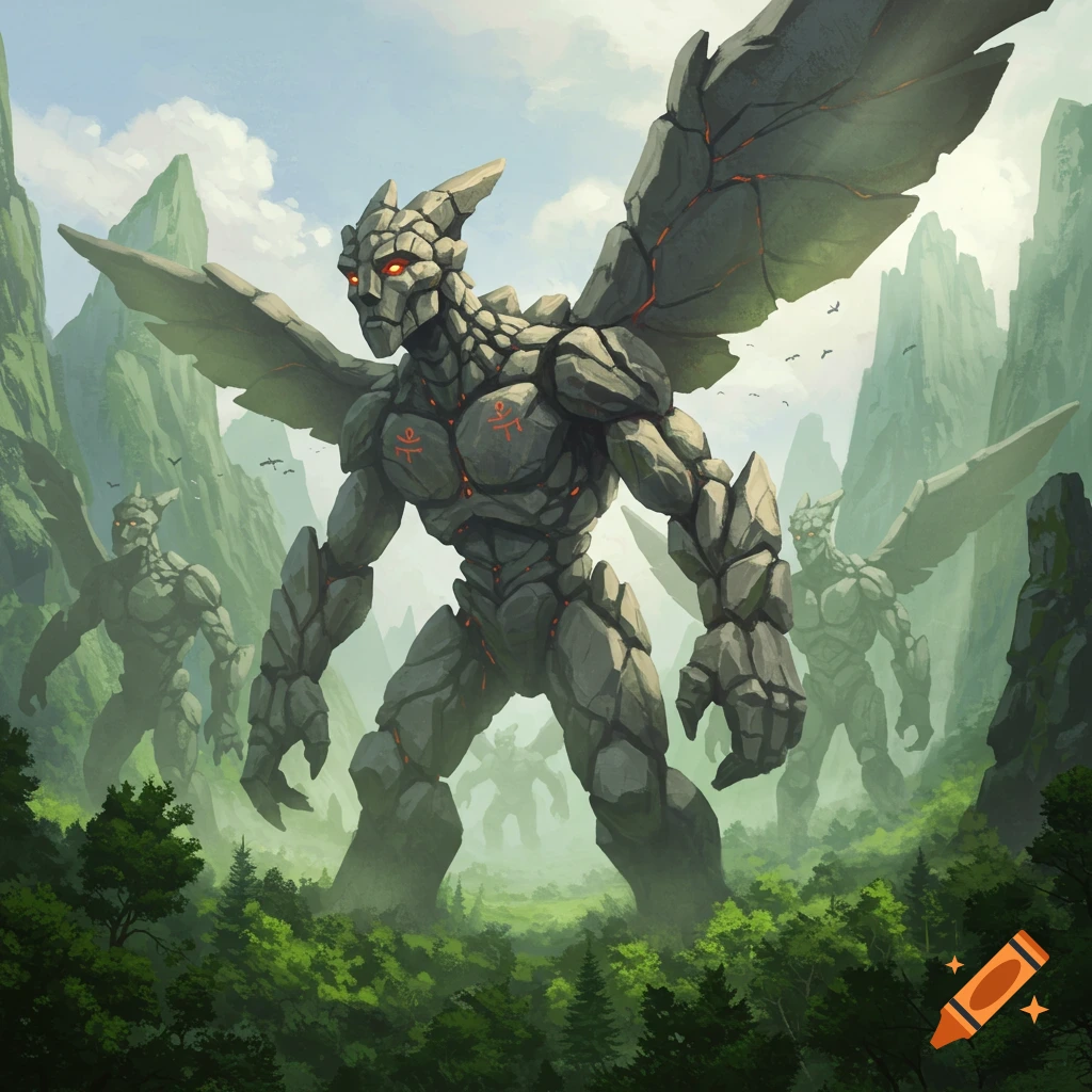 Giant rock monsters with wings and glowing red eyes tower over a lush green forest with mountains in the background, in a fantasy art style.