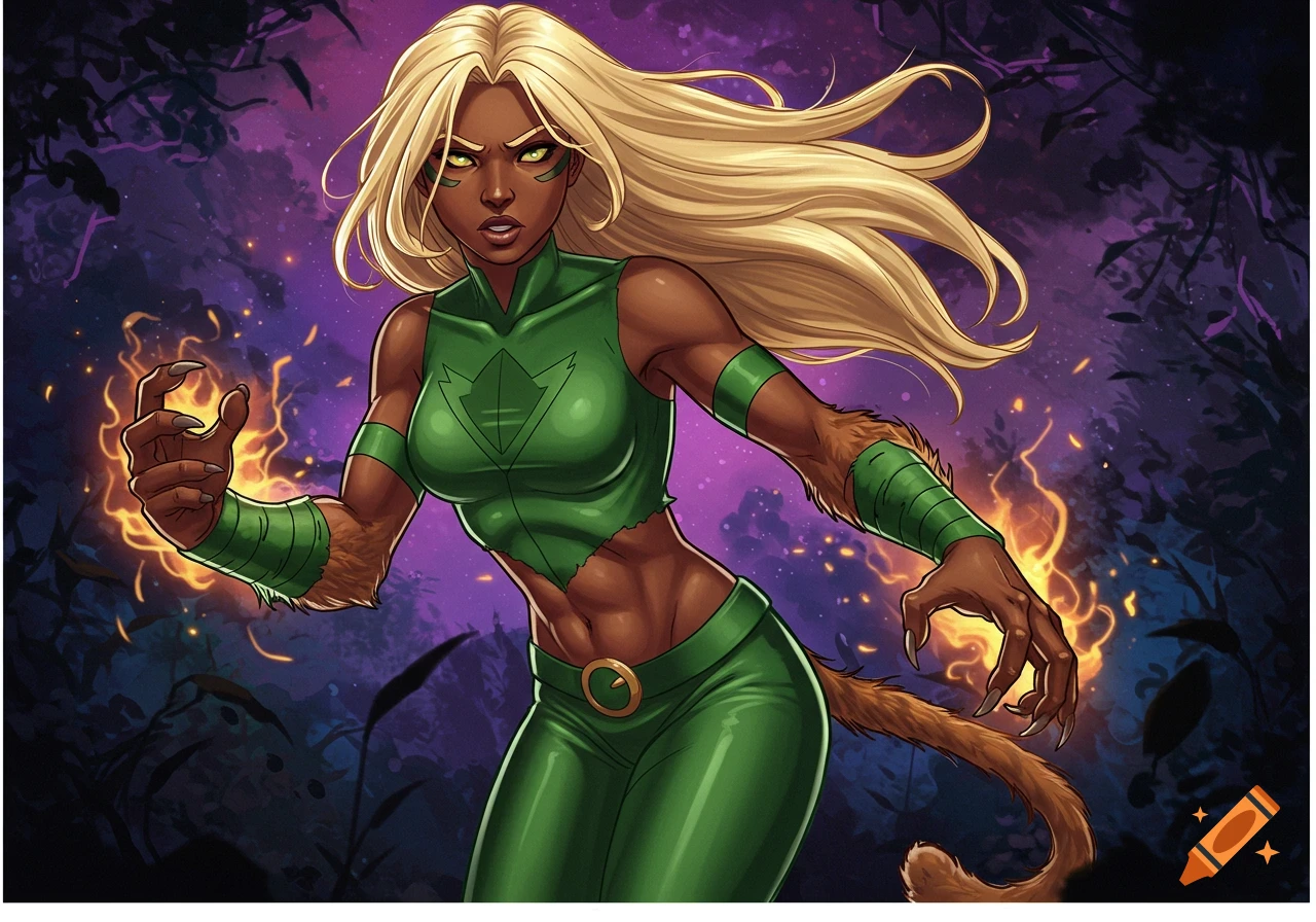 Blonde, dark-skinned superhero in green, mid-werecat transformation with claws, tail, and glowing energy in hands, in a mystical forest.
