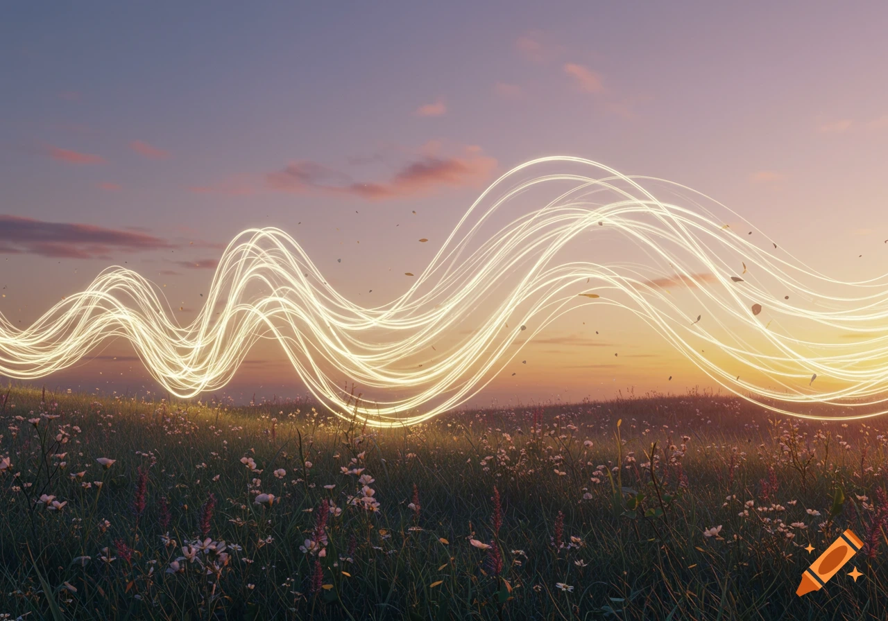 Ethereal glowing wavy light trails float across a field of wildflowers under a pastel sunset sky.