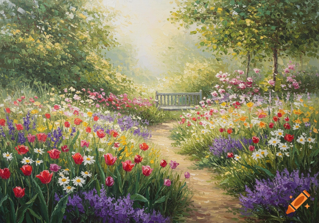Impressionist painting of a vibrant flower garden with a sunlit path leading to a bench, surrounded by colorful blossoms.
