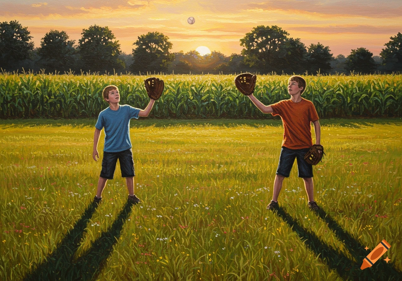Acrylic painting of two boys playing catch in a grassy field with a cornfield and trees at sunset.