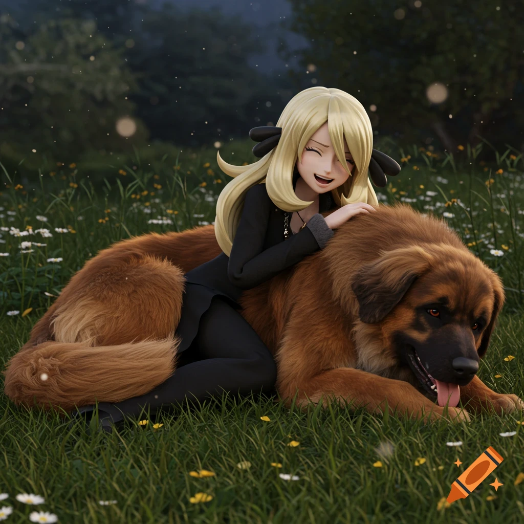 Smiling Cynthia from Pokemon embraces a large brown dog in a grassy field, 3D render.
