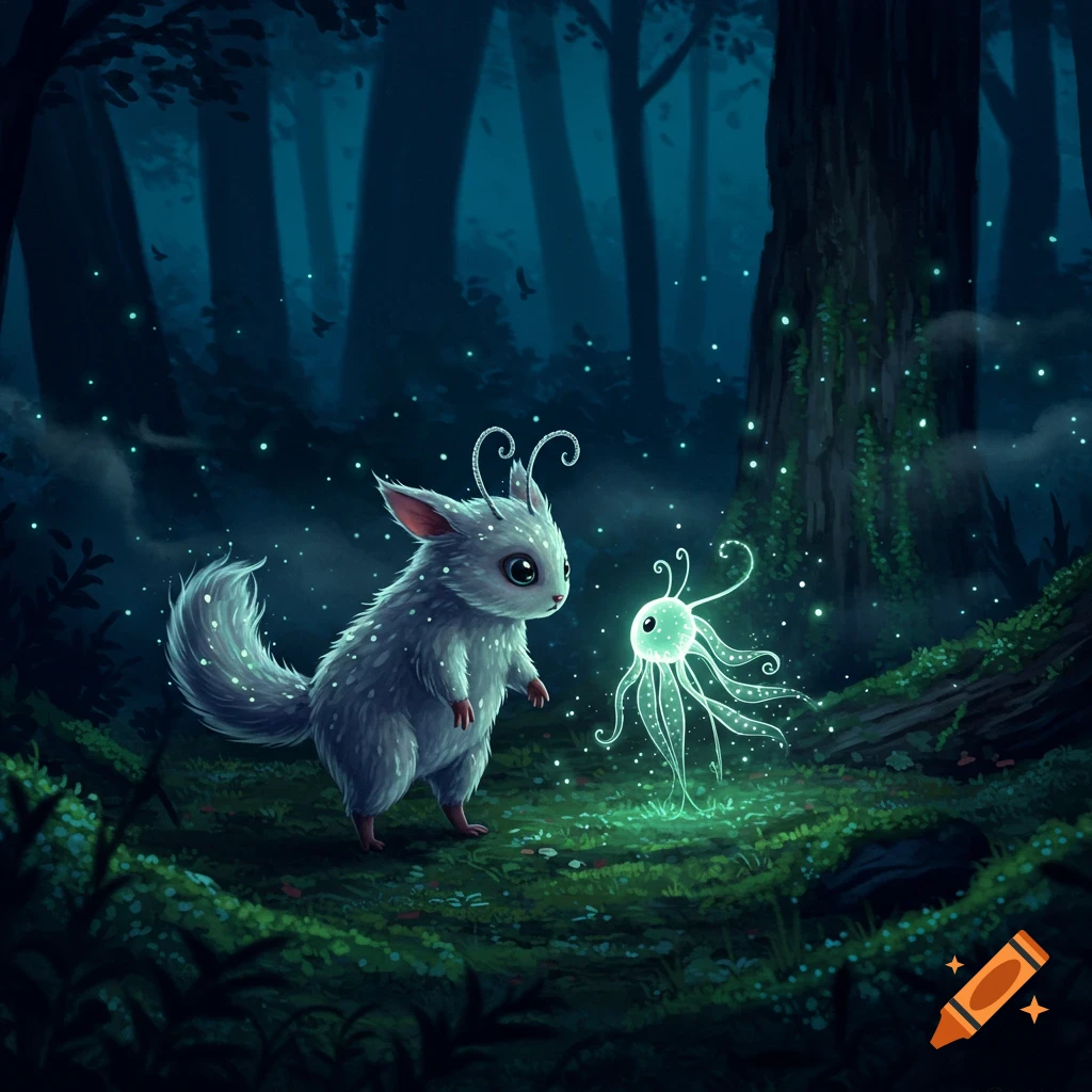 A furry, white, spotted creature with large eyes stands opposite a glowing, tentacled, bioluminescent spirit in a dark, magical forest.