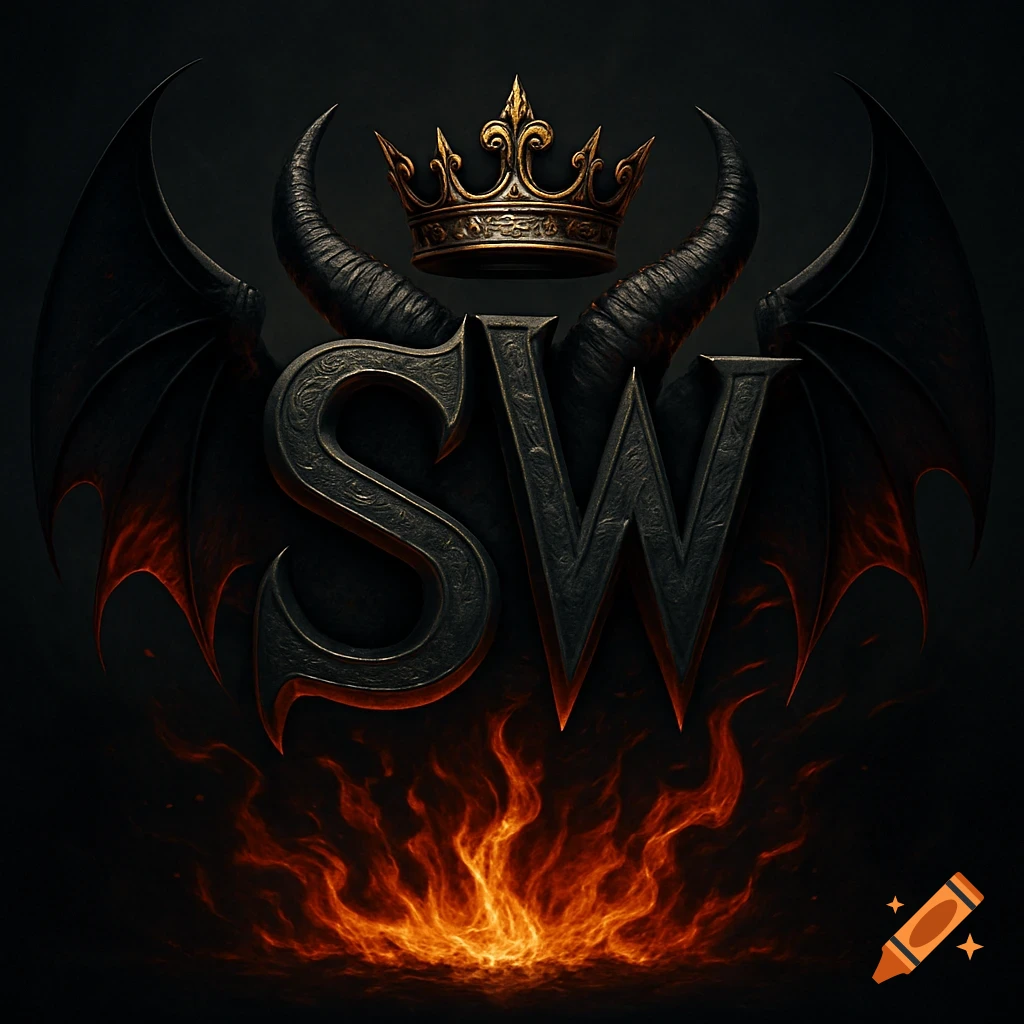 A dark logo featuring the letters "SW" with devil horns, bat wings, a golden crown, and flames below.