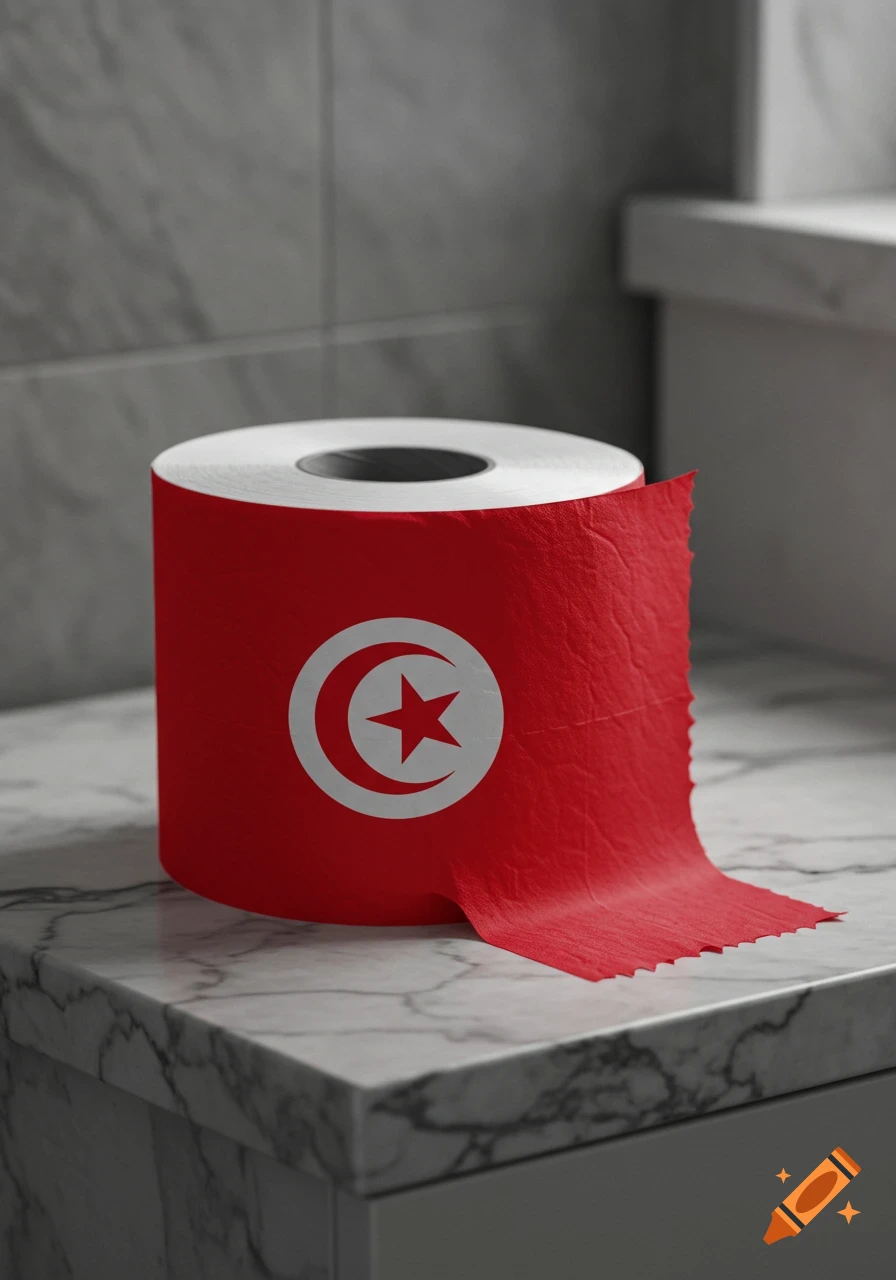 A roll of toilet paper with the red and white Tunisian flag printed on it, sitting on a marble counter in a bathroom.