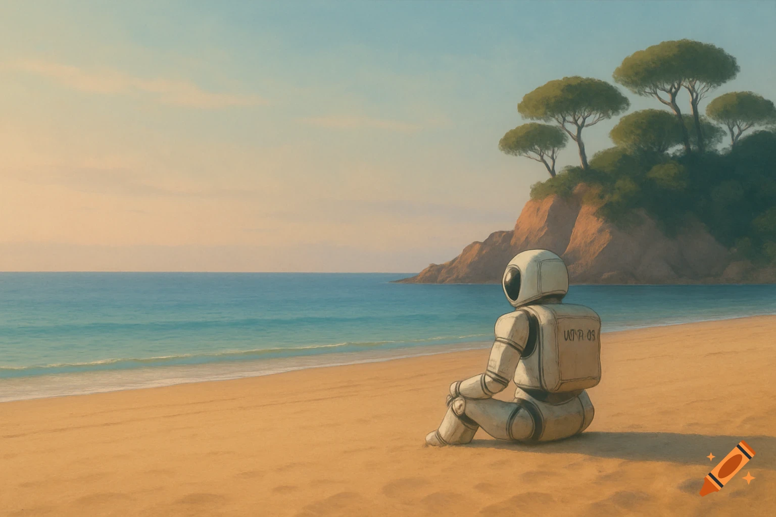 A lone robot sits on a sandy beach, looking out at the calm blue sea and a rocky cliff with trees under a pale sky.