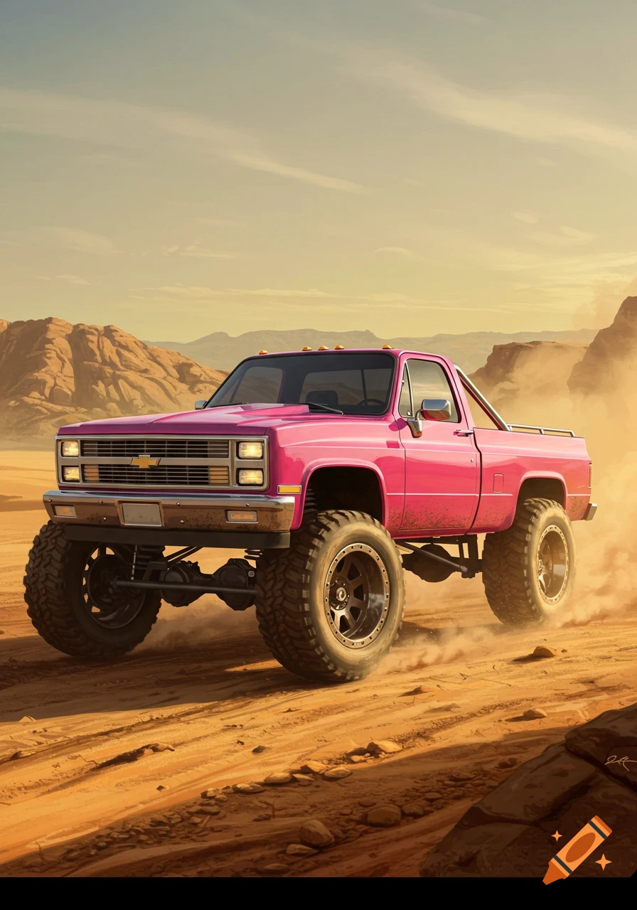 A bright pink lifted Chevrolet truck kicks up dust as it drives through a desert landscape under a clear sky.